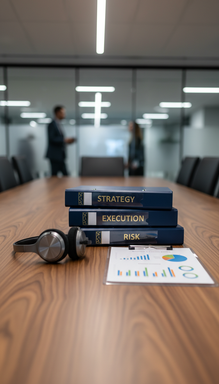 A refined collection of high-impact project management tools: a stack of rich navy blue hardcover folders with gold embossed labels, a brushed steel wireless headset resting nearby, and a transparent acrylic clipboard showcasing a crisp dashboard chart printout. All are arranged on a walnut wood conference table with visible grain and warm brown tones, set against a blurred backdrop suggesting a sophisticated, bustling corporate workspace. Overhead LED lighting keeps the scene evenly illuminated, casting soft shadows while ensuring clarity. The image exudes a polished, energetic, and pragmatic aura, aligning with the intersection of corporate efficiency and live-event readiness. Presented from a three-quarter angle, the composition is tightly framed, offering a vibrant professional aesthetic with modern, clean lines that evoke decisive action.