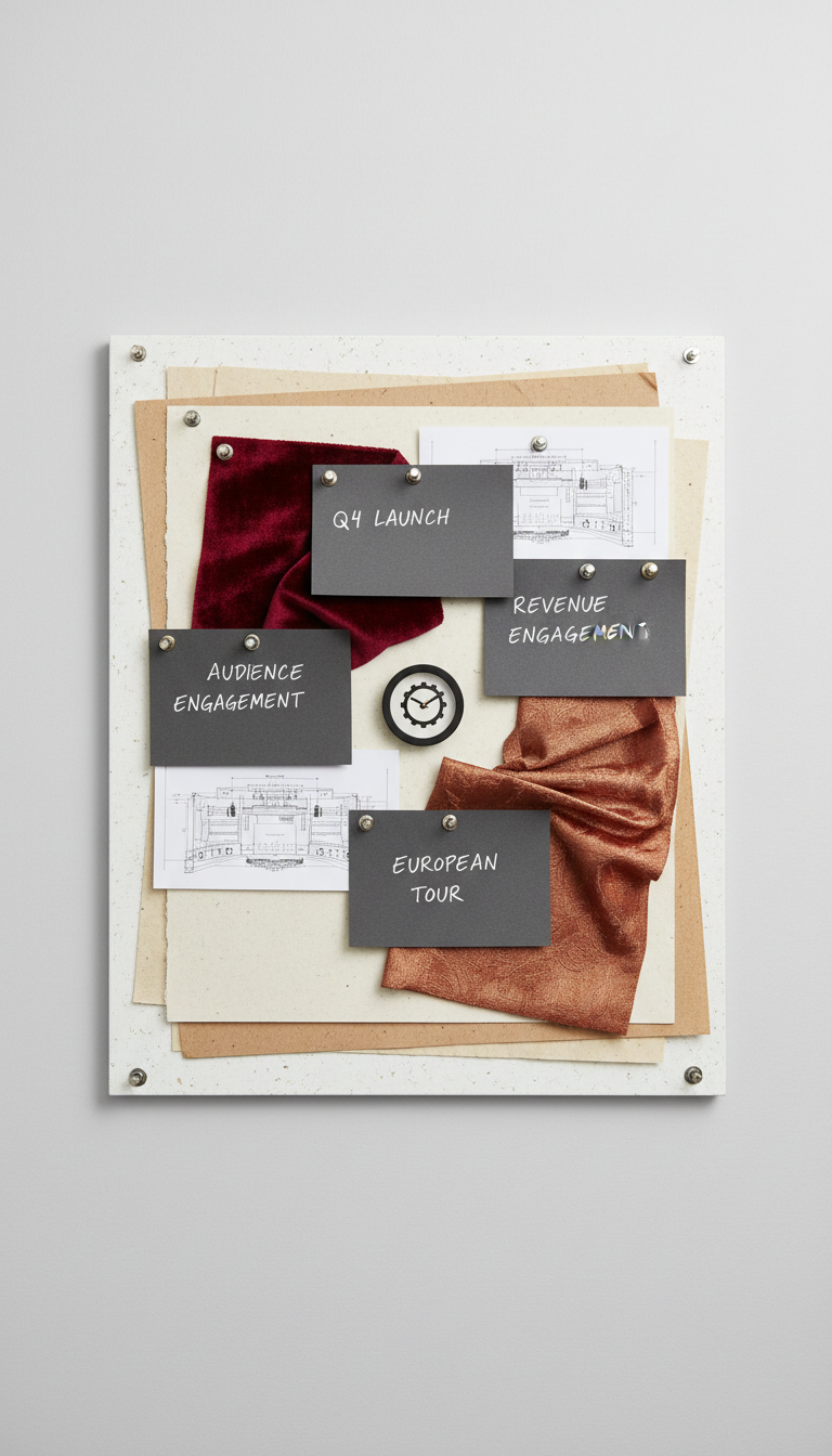A tactile, layered vision board composed of textured kraft paper sheets, rich charcoal gray index cards with handwritten strategy notes, swatches of stage curtain fabric in deep crimson and copper, and miniature architectural blueprints pinned with chromed pushpins on a pristine white corkboard. The board stands against a flawless light gray studio wall, with indirect softbox lighting creating gentle, uniform illumination that enhances every texture without casting strong shadows. This eye-level, wide composition highlights creative planning and operational detail, expressing a dynamic, imaginative, and highly organized mood. The style is artistic yet clean, visually supporting the fusion of corporate precision with live-event creativity that underlies the site’s strategic content.